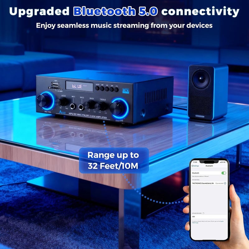 Romicta AK50 Stereo Audio Amplifier, 400W Home 2 Channel Bluetooth 5.0 Power Amplifier System, Home Amplifiers FM Radio, USB, Echo, Mic, SD Card, with Remote Control Home Theater Audio Stereo System - Image 4